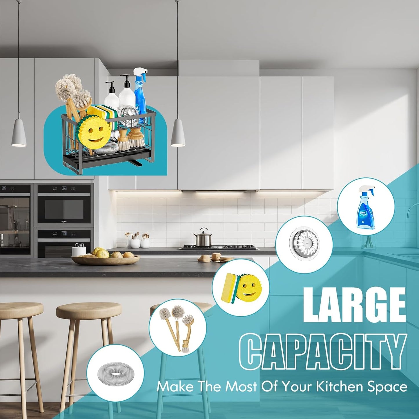 Sponge Holder for Kitchen Sink with Flexible Sink Caddy Smiley Face,2 Tier Kitchen Sponge Holder