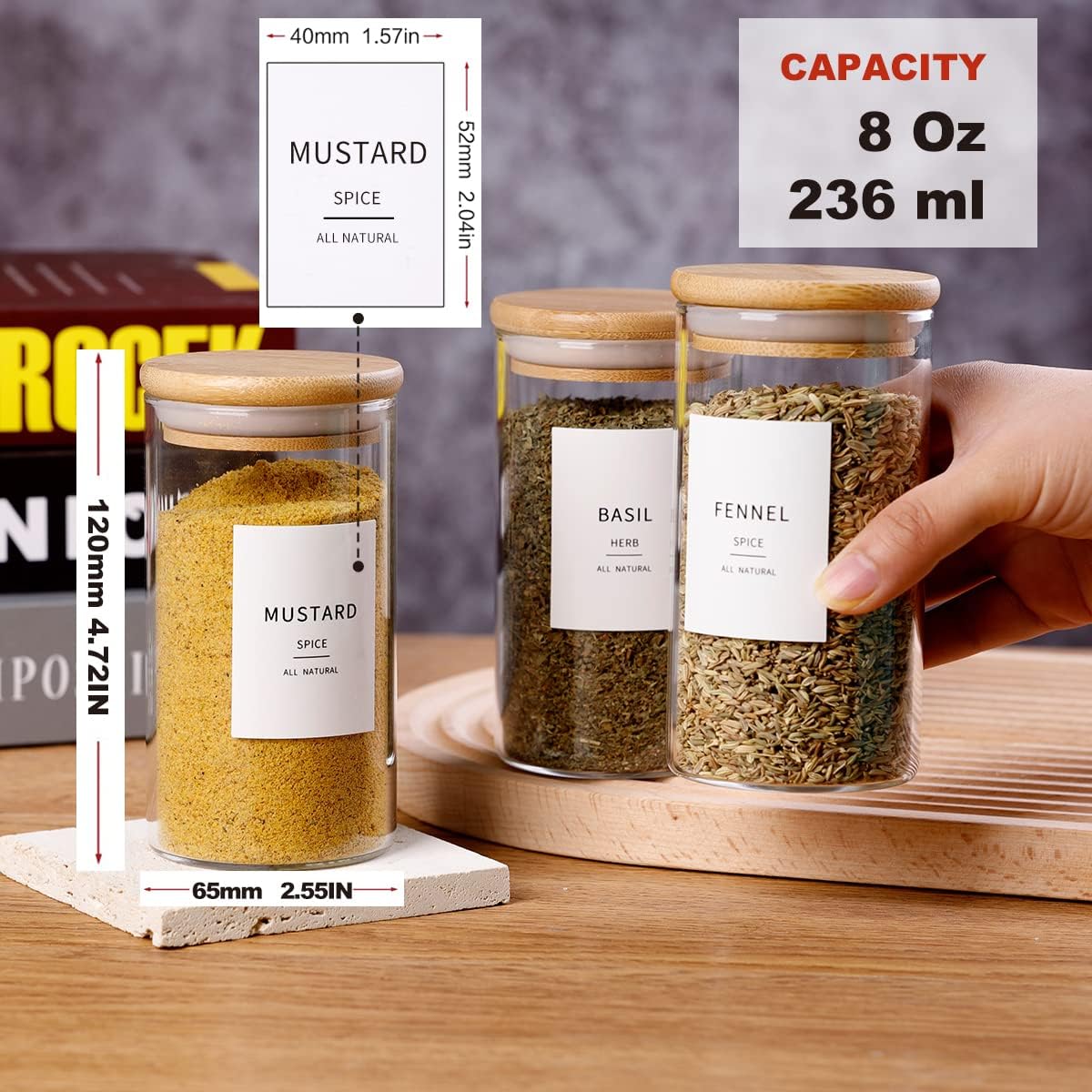 12 Pcs Glass Spice Jars With Bamboo Airtight Lids, 8oz Thicken(2.4mm) Spice Containers With 148