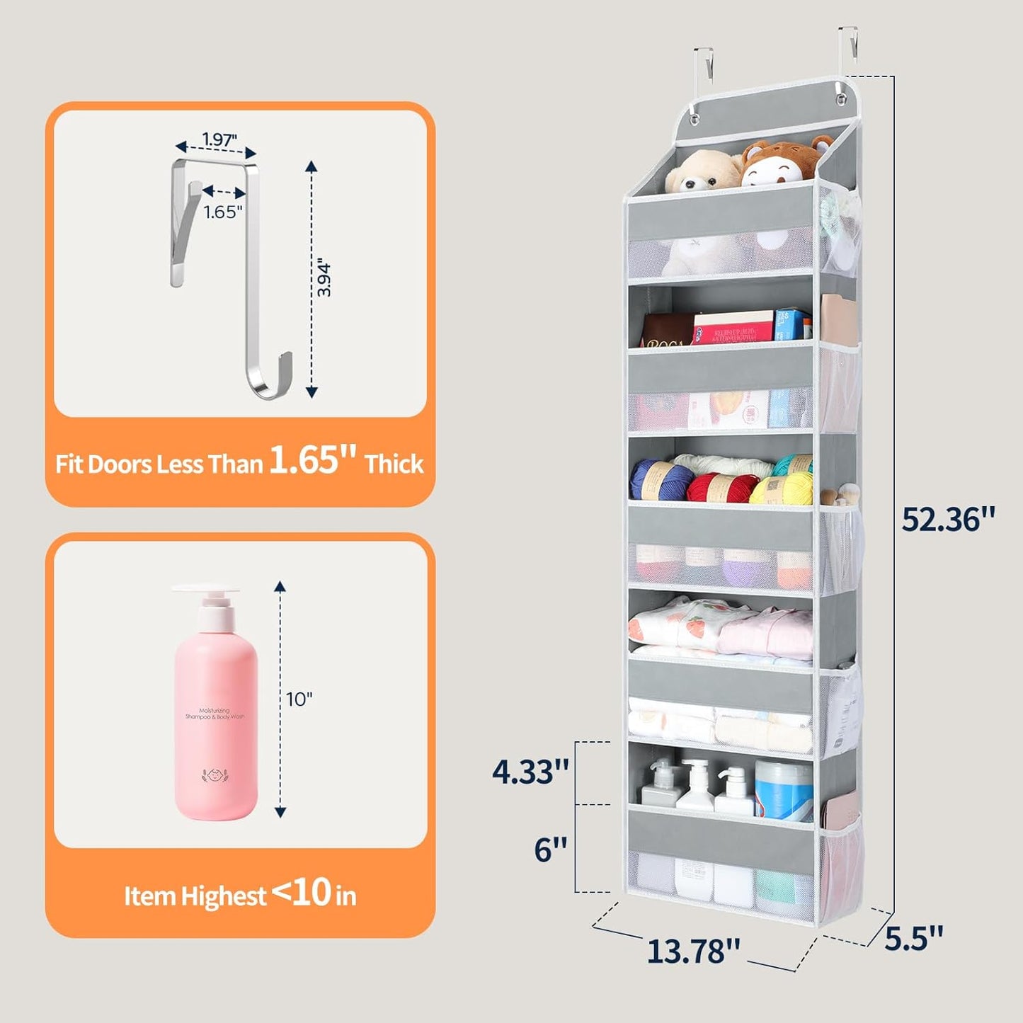 Yecaye Over The Door Organizer Storage, 5-Tier Heavy Duty Door Organizers Hanging with 10 Side Mesh