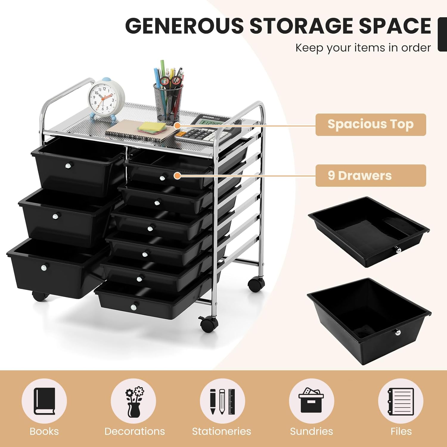 GOFLAME 9-Drawer Rolling Storage Cart, Mobile Utility Cart with Removable Drawers & Metal Frame