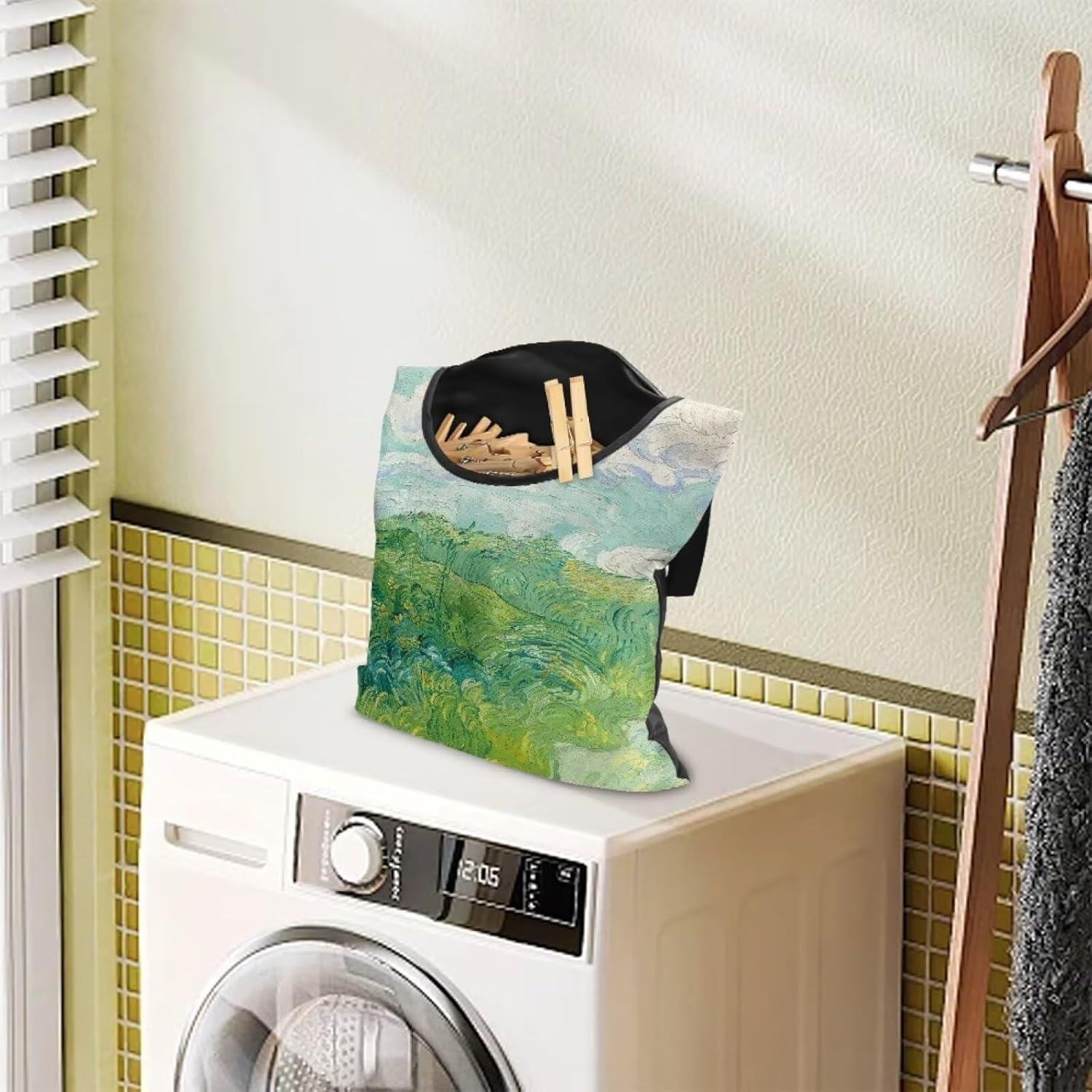 Green Wheat Field Print Windproof Clothespin Holder Bag for Outdoor Use - Durable Storage Organizer
