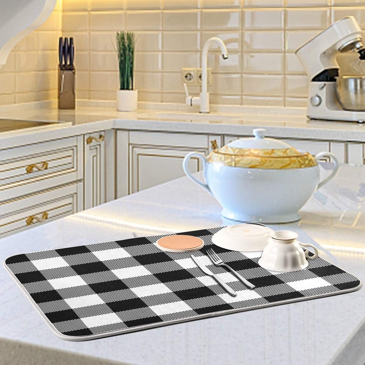 White and Black Buffalo Plaid Dish Drying Mat 16x18 for Kitchen Classic Buffalo Check Dishes Pad