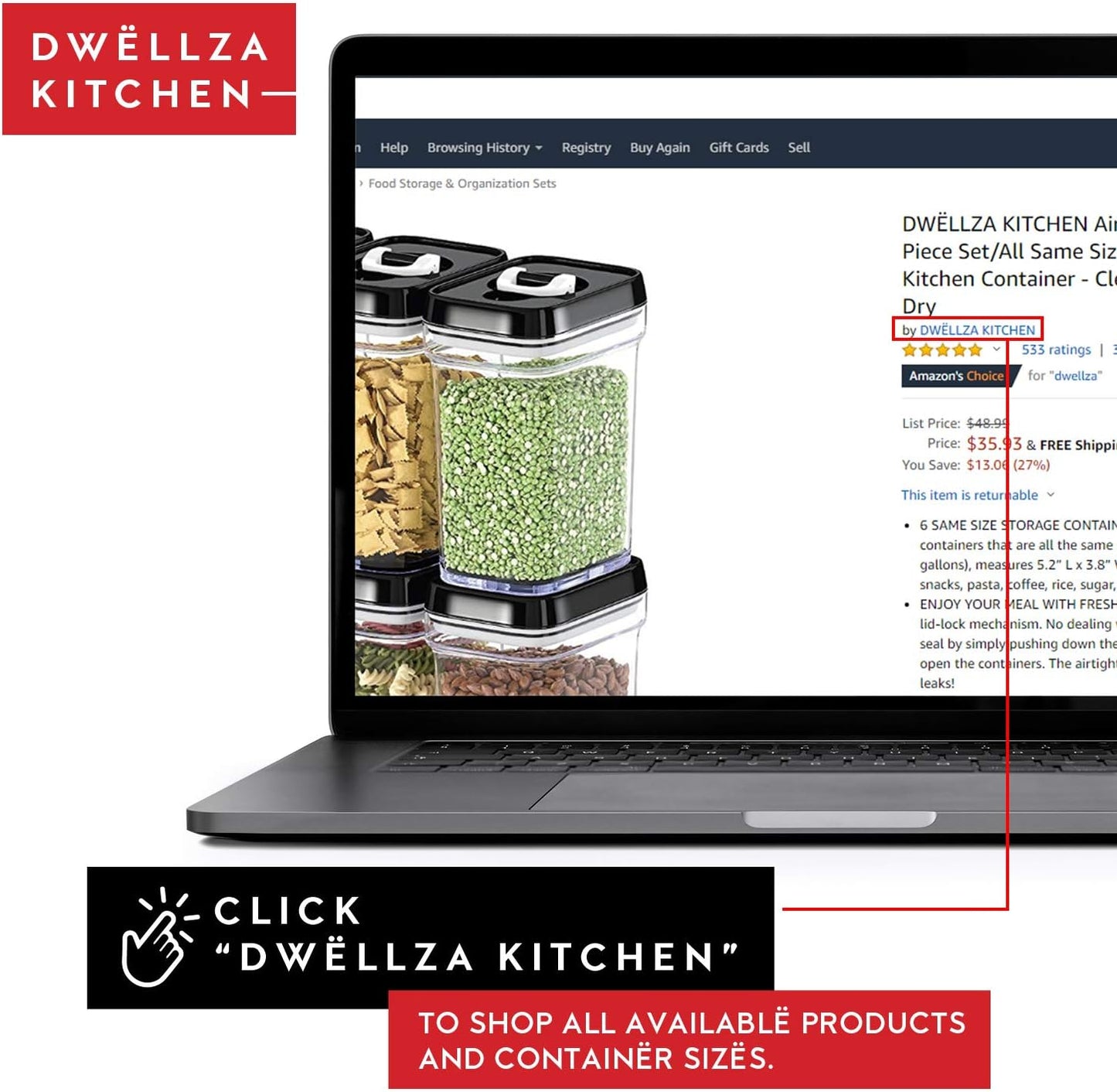 DWËLLZA KITCHEN Airtight Food Storage Containers with Lids - 5 Piece Set - Kitchen Accessories Food