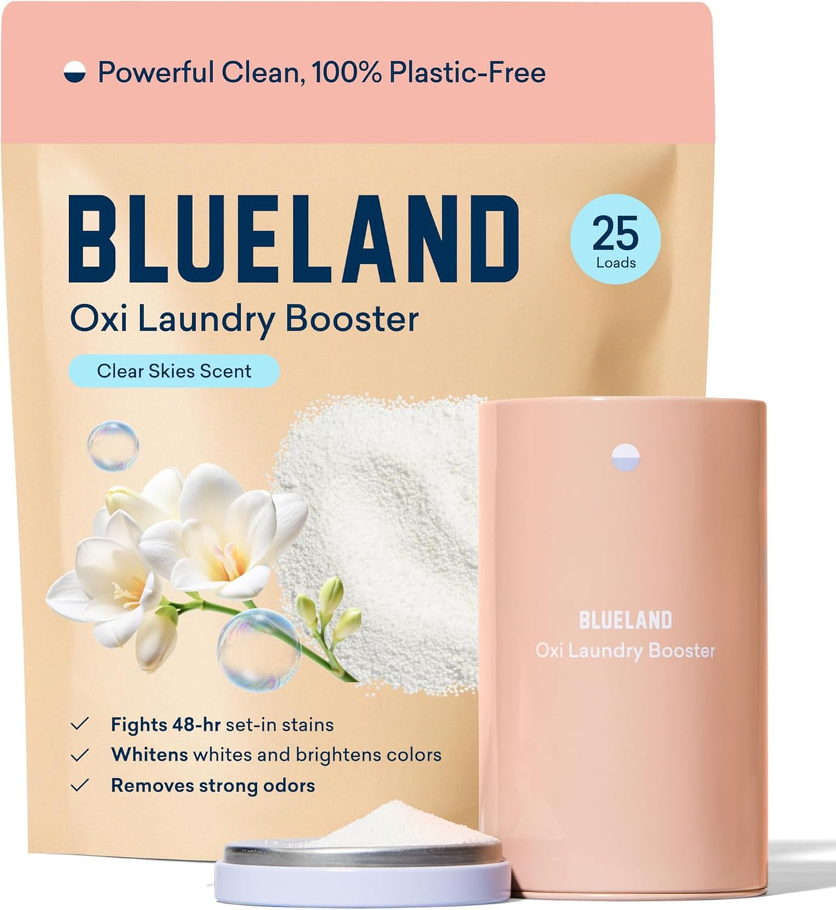 BLUELAND Oxi Laundry Booster Powder with Tin, Starter Set, Clear Skies Scent, 25 Loads, 17.6 oz