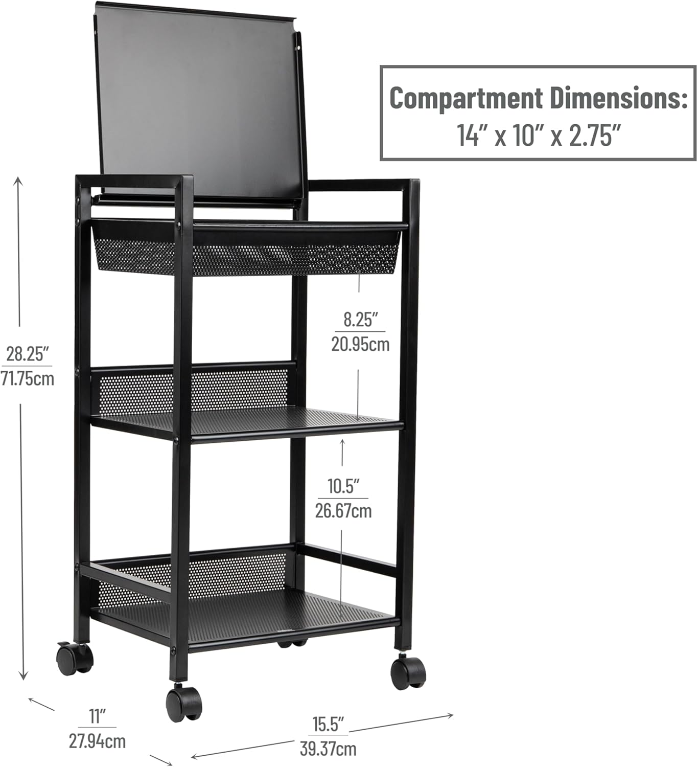 Mind Reader Cart with Covered Compartment, Office Organizer, Storage, 3-Tier, Office, Metal, 15.5"
