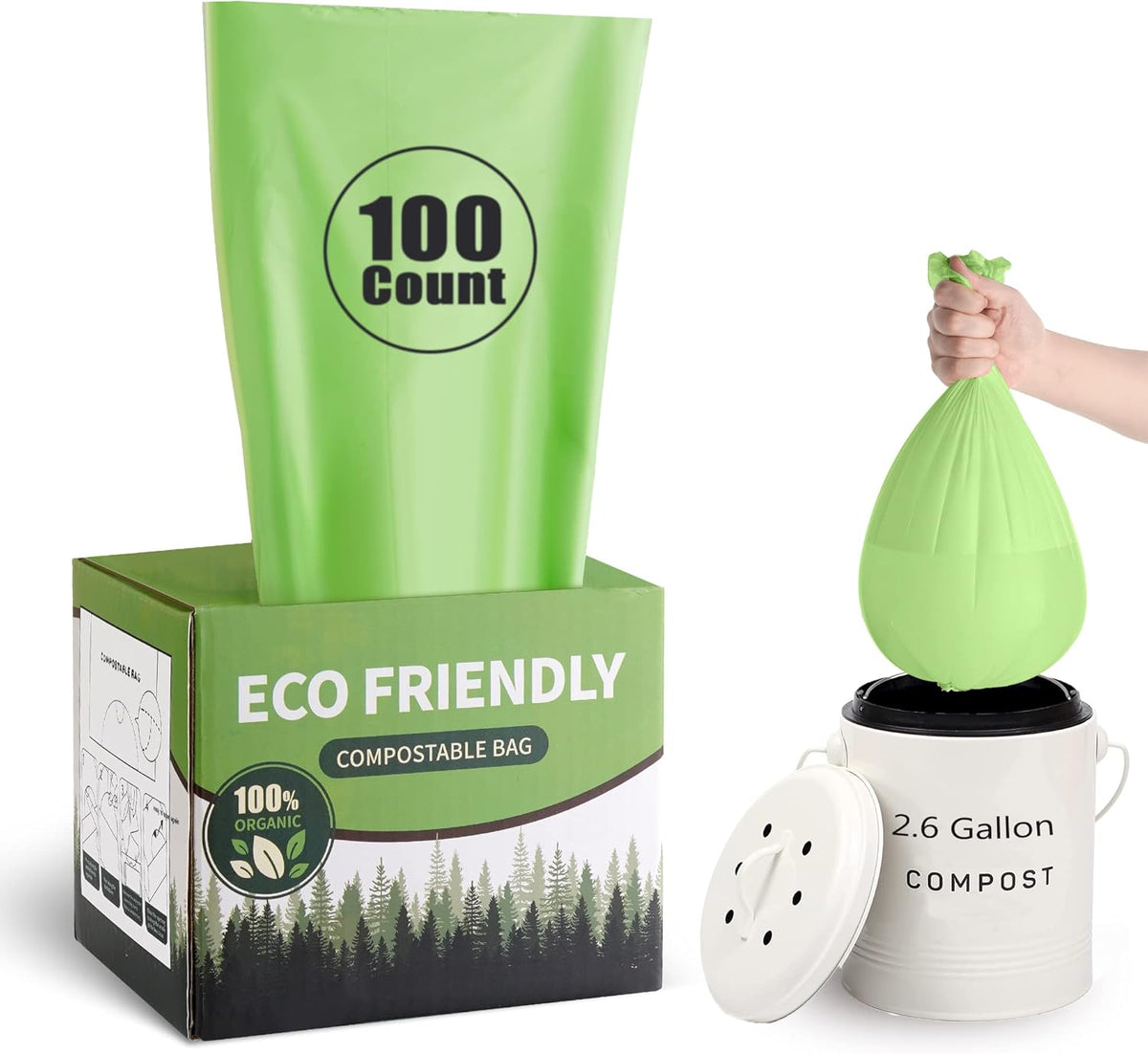 Compostable Trash Bags 2.6 Gallon 100 Counts Compost Small Garbage Bag for Kitchen Bathroom BPI