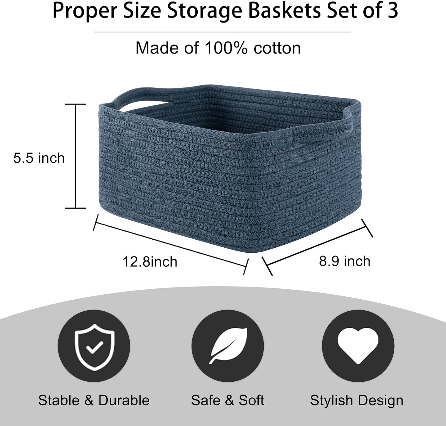 OIAHOMY Cotton Rope Woven Baskets for Storage, Nursery Rectangle Storage Basket with Handles for