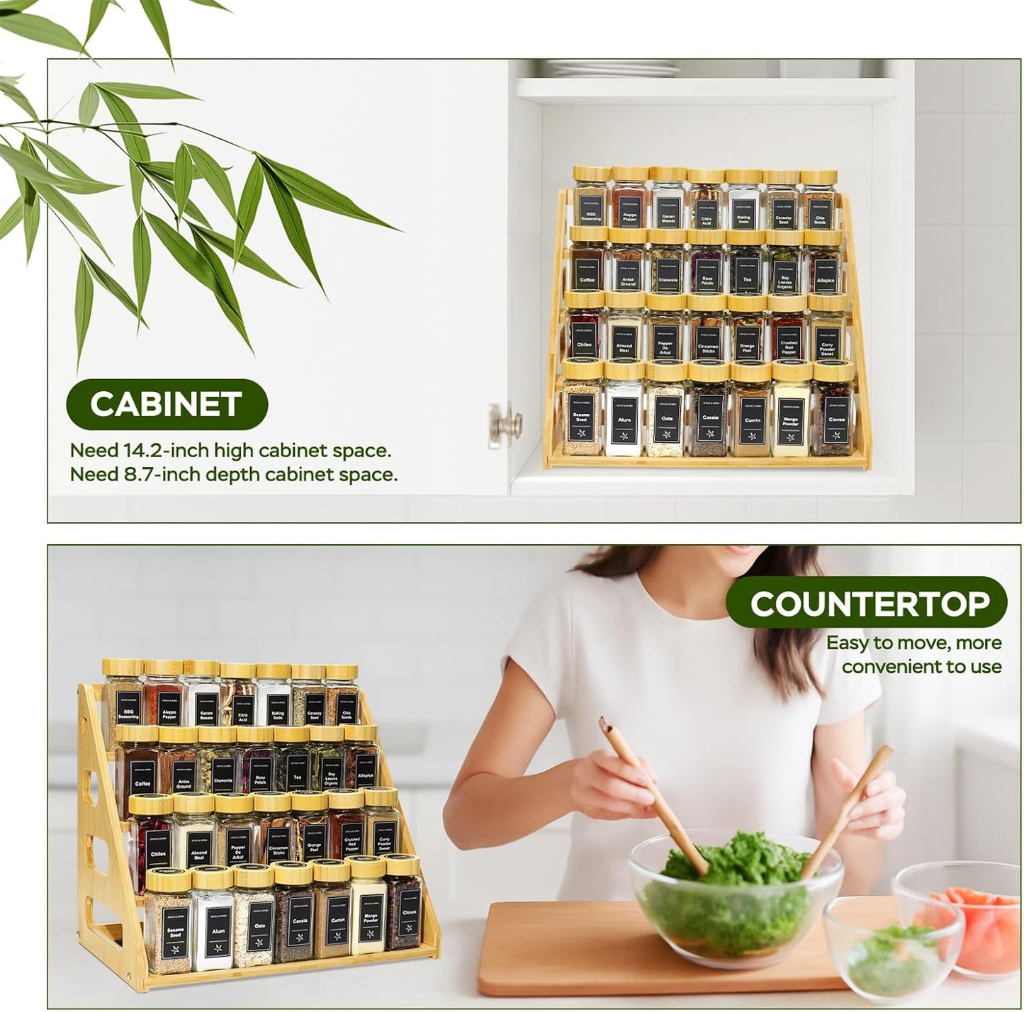 4 Tier Bamboo Spice Rack Organizer with 28 Spice Jars, 780 Labels, Wood Shelf, Chalk Marker and