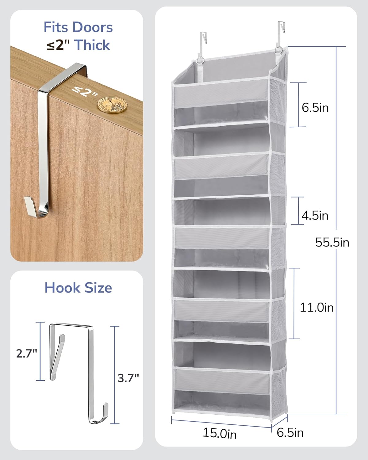 ULG 1 Pack Over Door Organizer with 5 Large Pockets 10 Mesh Side Pockets, 44 lbs Weight Capacity