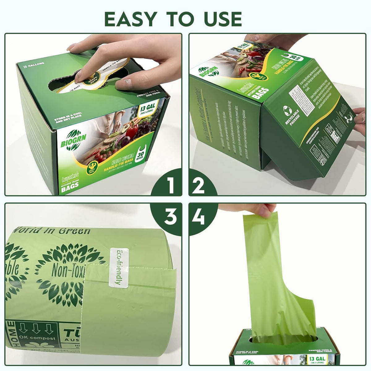 10-13 Gallon Compostable Trash Bags with Handles 30 Bags compost bags Food Scrap Green Waste Bags