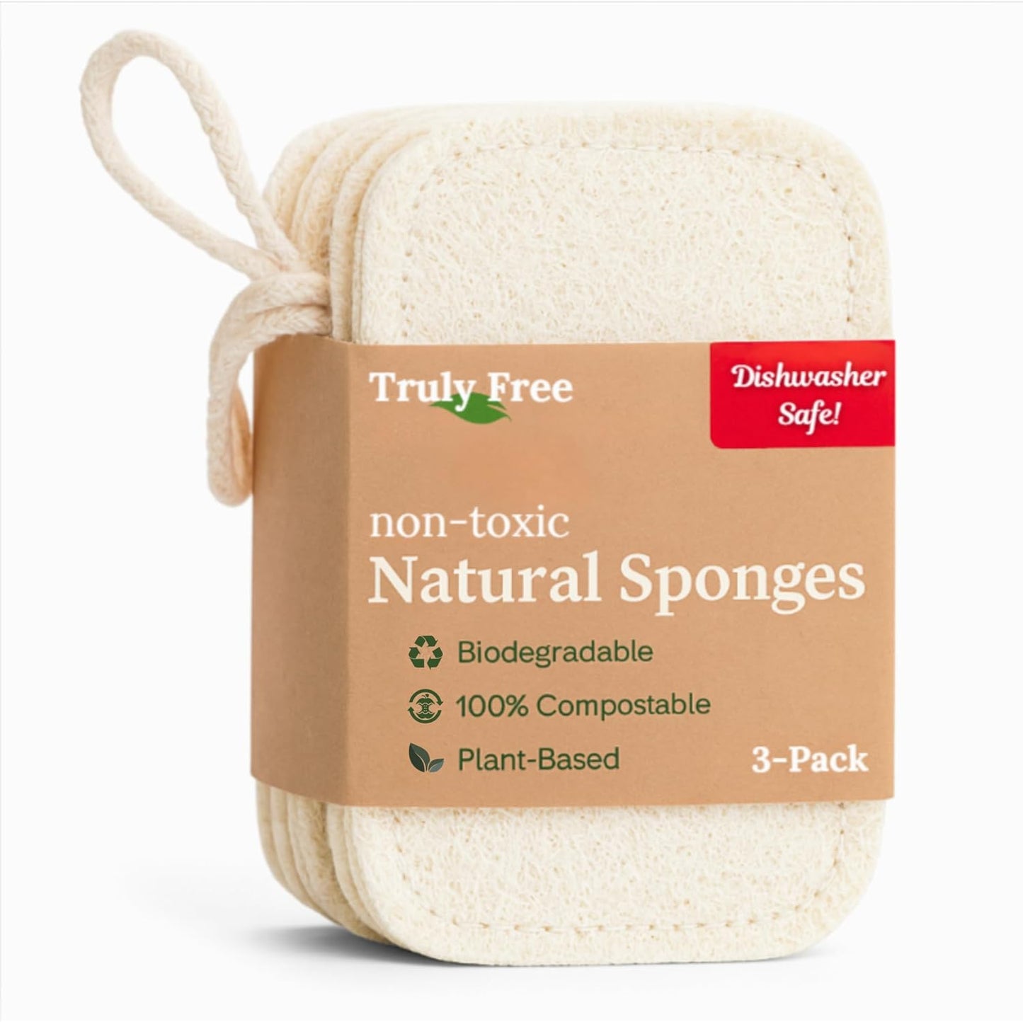 Truly Free Natural Cleaning Sponges, 100% Organic Luffa Dish Scrubber, Plant-Based Compostable