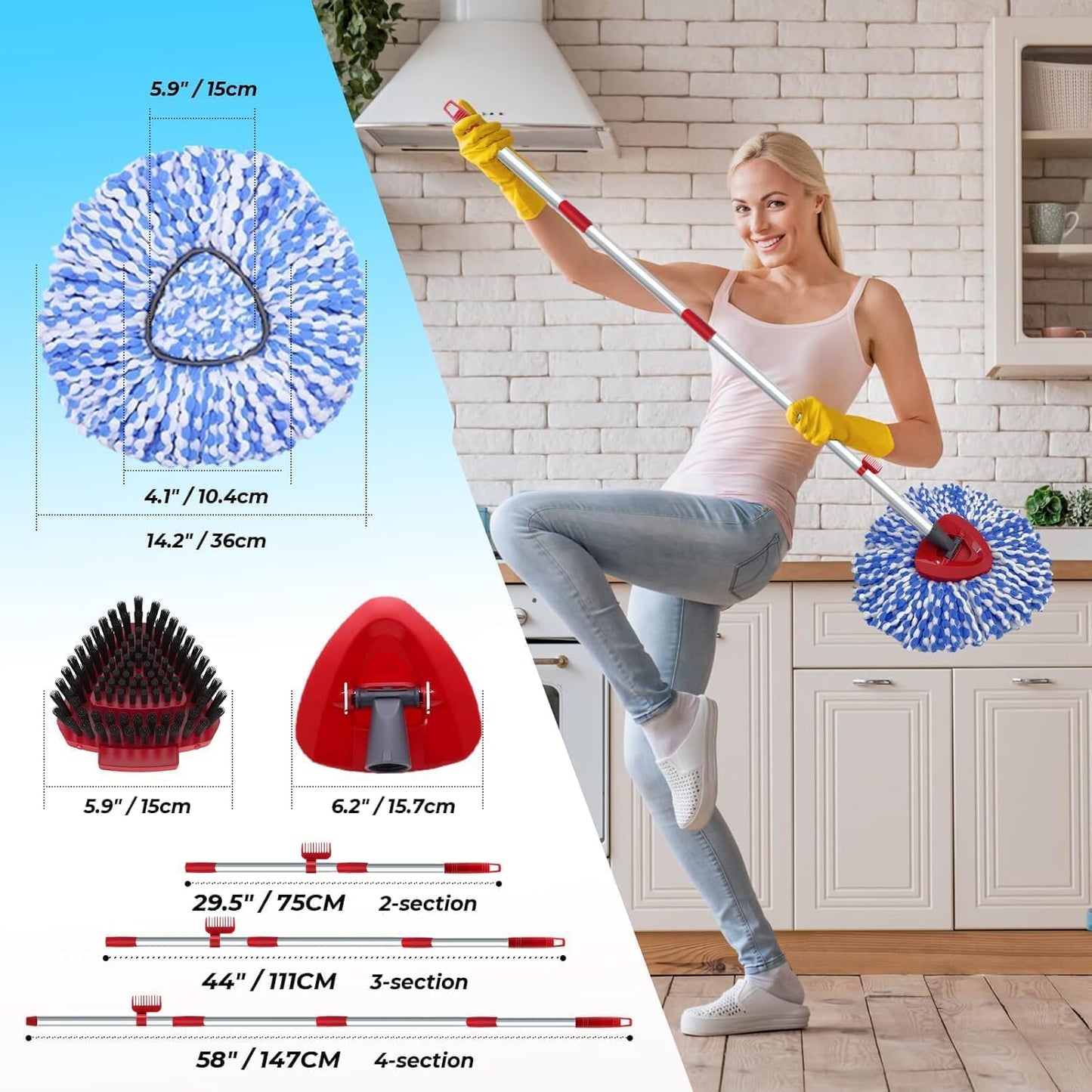 Spin Mop Head and Brush Replacement Compatible with O Cedar RinseClean 2-Tank System, 4 Mop Replace