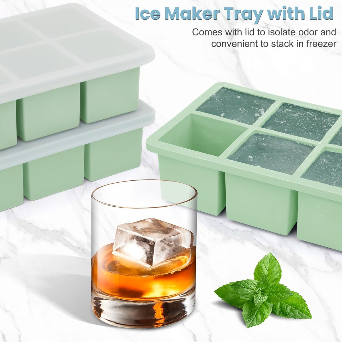 Large Silicone Ice Cube Tray 3Pack, SAWNZC Big Square Ice Cube Molds for Whisky Cocktail, Ice Maker