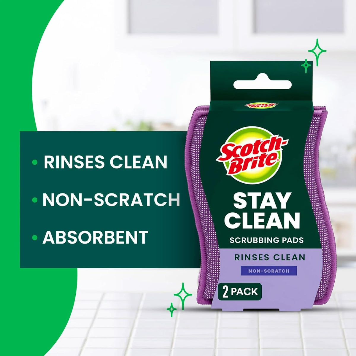 Scotch-Brite Stay Clean Scrubber Pads, Non-Scratch Dish Sponges for Kitchen Cleaning, 12 Count