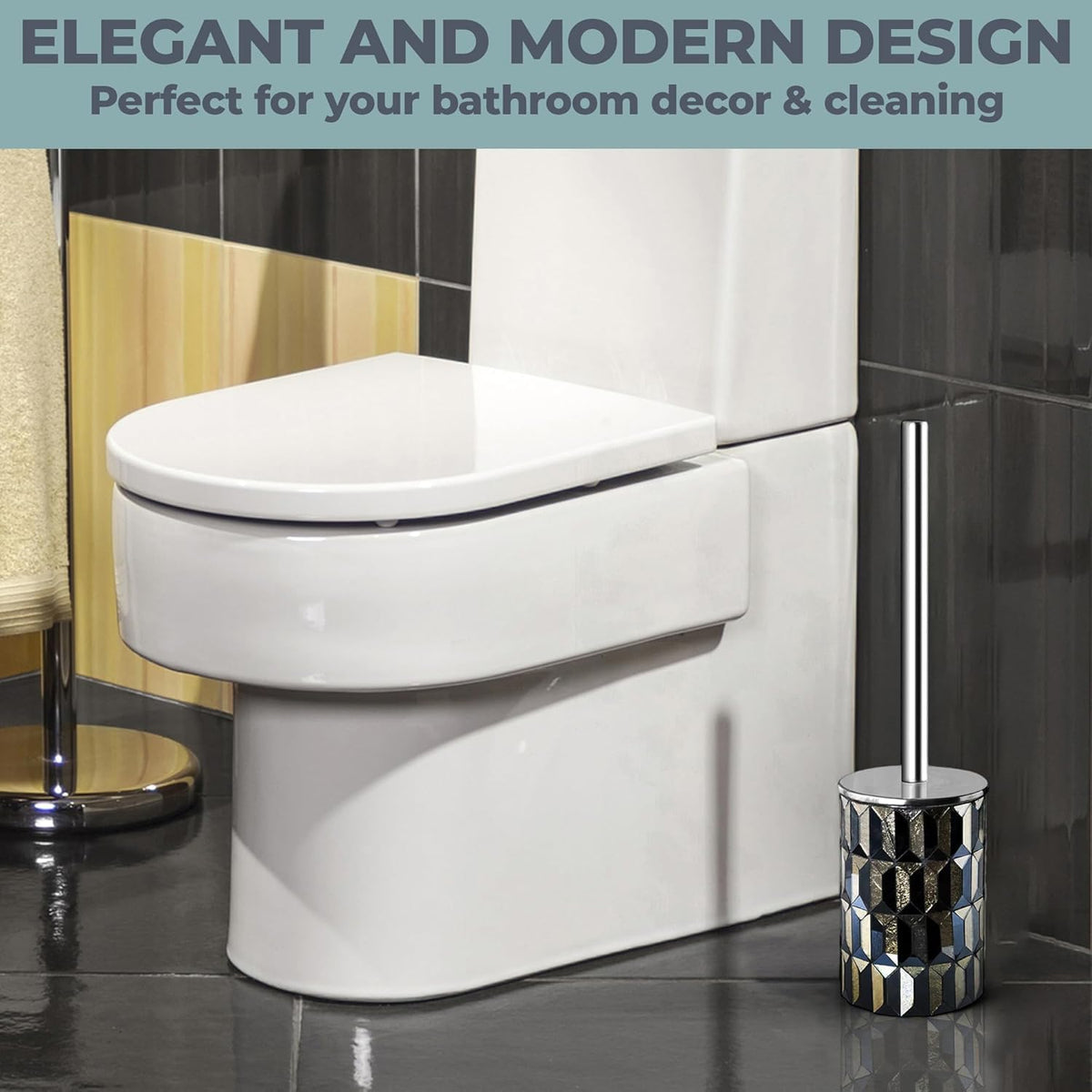 Escenzy Cute Toilet Brush and Holder Set Mosaic Glass | Non-Rustic Stainless Steel | Practical &