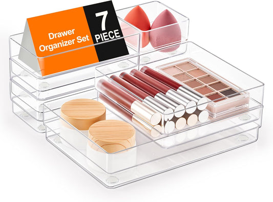 SMARTAKE 7-Piece Drawer Organizer with Non-Slip Silicone Pads, 4-Size Desk Drawer Organizer Trays