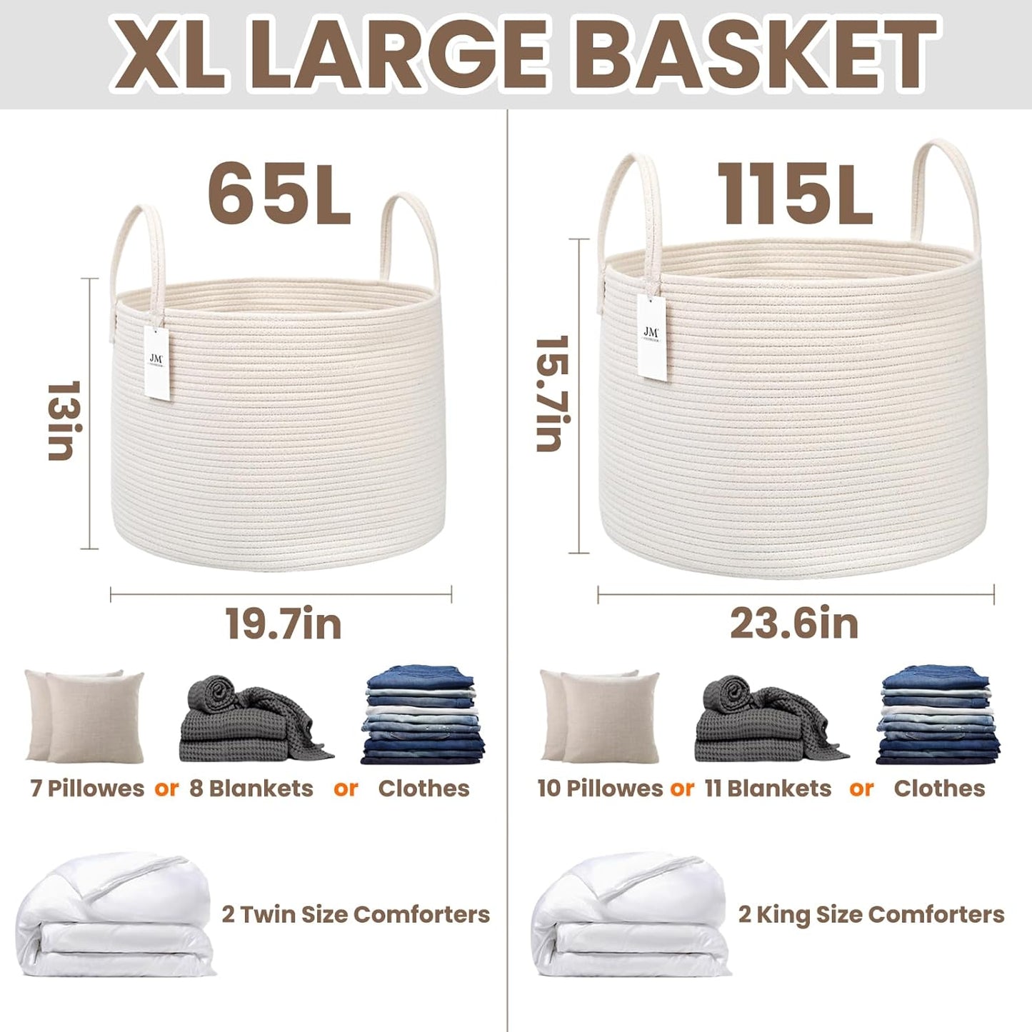 Woven Blanket Basket,65L Large Rope Storage Bin with Handles, Organizer for Blankets Toys Book and