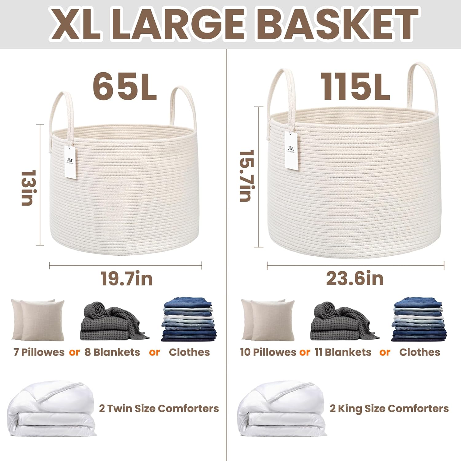 Woven Blanket Basket,65L Large Rope Storage Bin with Handles, Organizer for Blankets Toys Book and