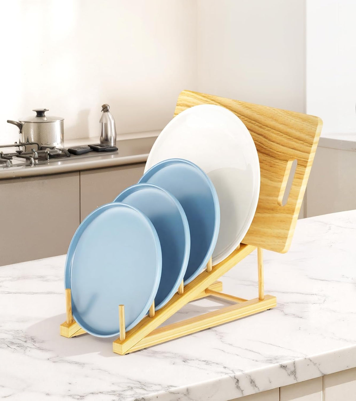 Bamboo Dish Drying Rack, 5 Slots Kitchen Organizer Craft Show Display Stand for Holds Plates, Bowls