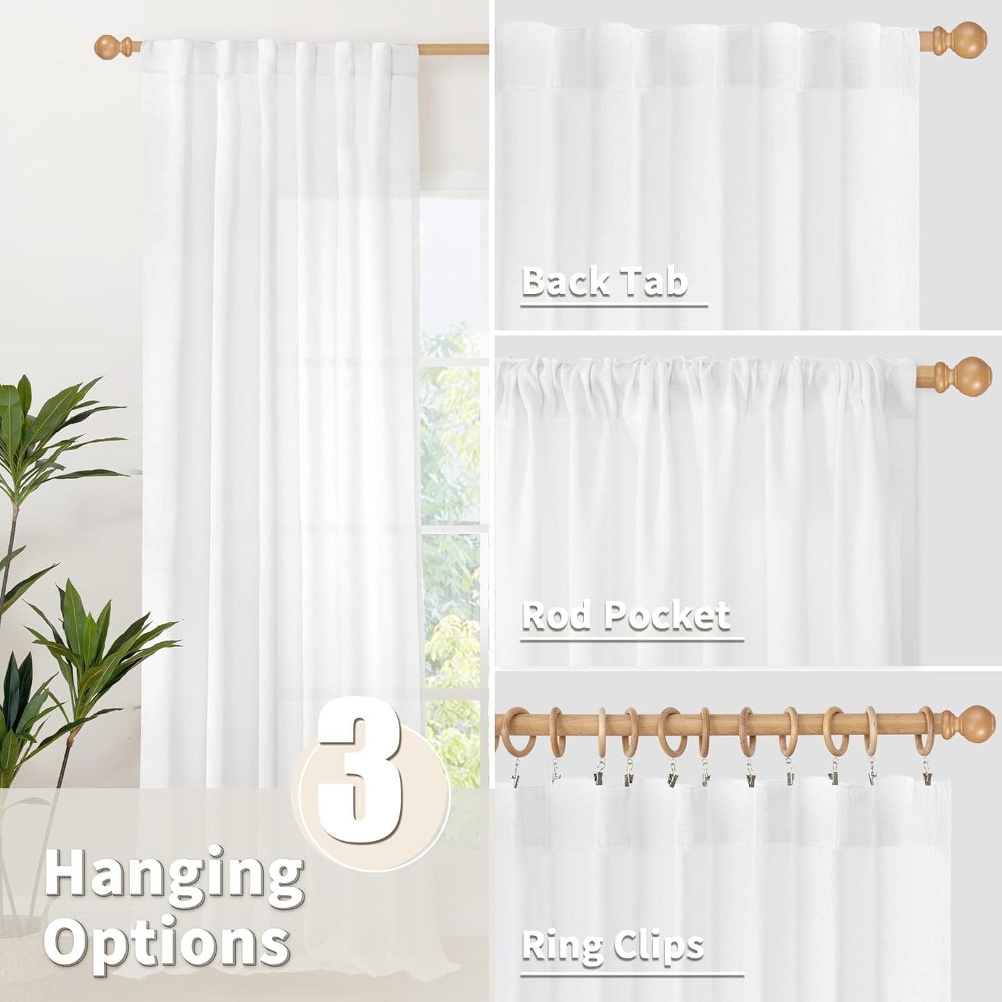 YoungsTex White Cafe Curtains 36 Inch Length for Window Over Sink - Linen Semi Sheer Drapes with