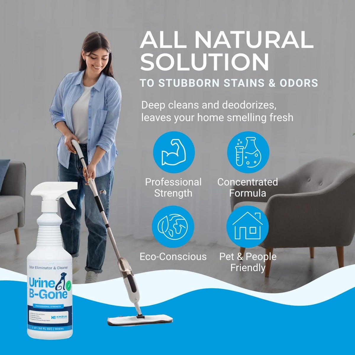 KINZUA ENVIRONMENTAL Urine B-Gone, Professional Enzyme Odor Eliminator & Pet Stain Remover, Human