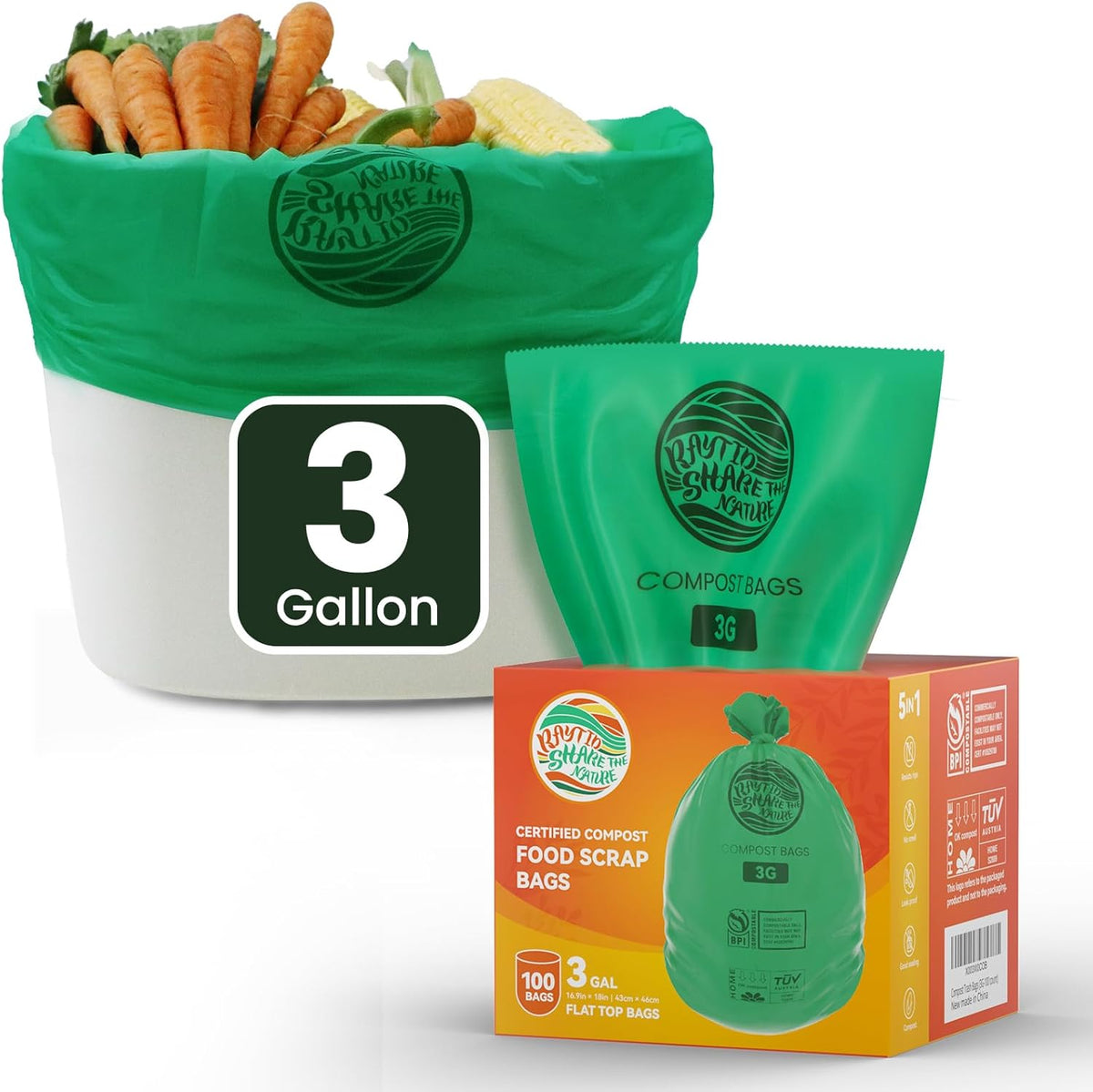 Compost Bags 3 Gallon,100 Count,Compost Food Scrap Waste Bags Fits Countertop Bin,Small Kitchen