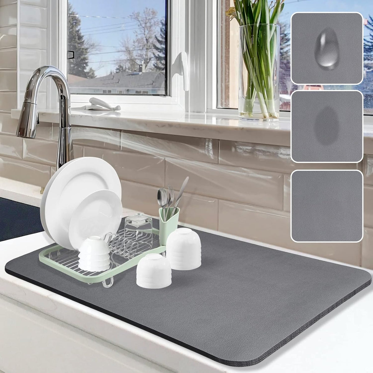 Dish Drying Mat for Kitchen Counter, 16"x24" Dish Drying Pad with Non-slip Rubber Backed, Hide