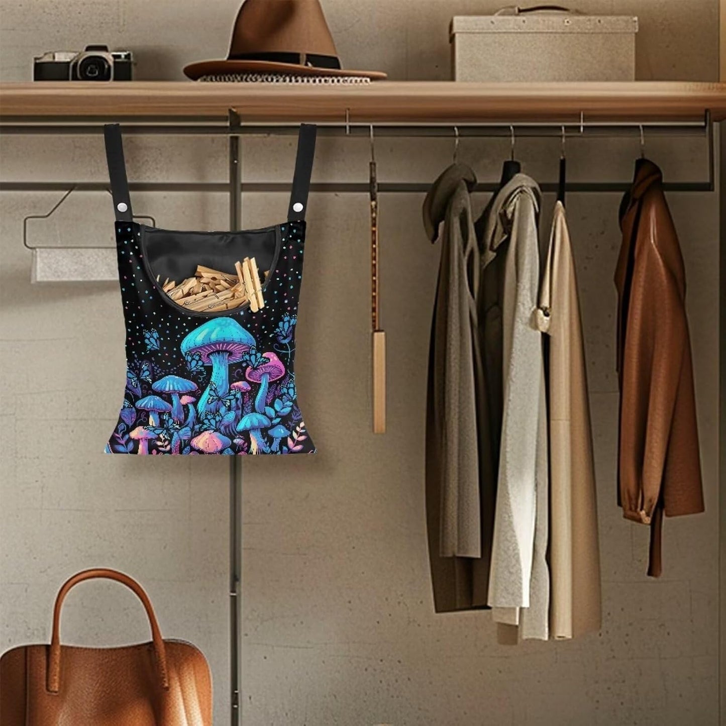 Blue Mushroom Adjustable Door-Hanging Laundry Clothespin Bag Clothespin Storage Bag Laundry