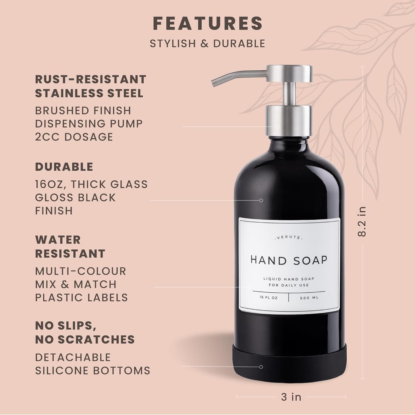 16oz Glass Soap Dispenser with Stainless Steel Pump, 21 Waterproof Labels, Non-Slip Protective