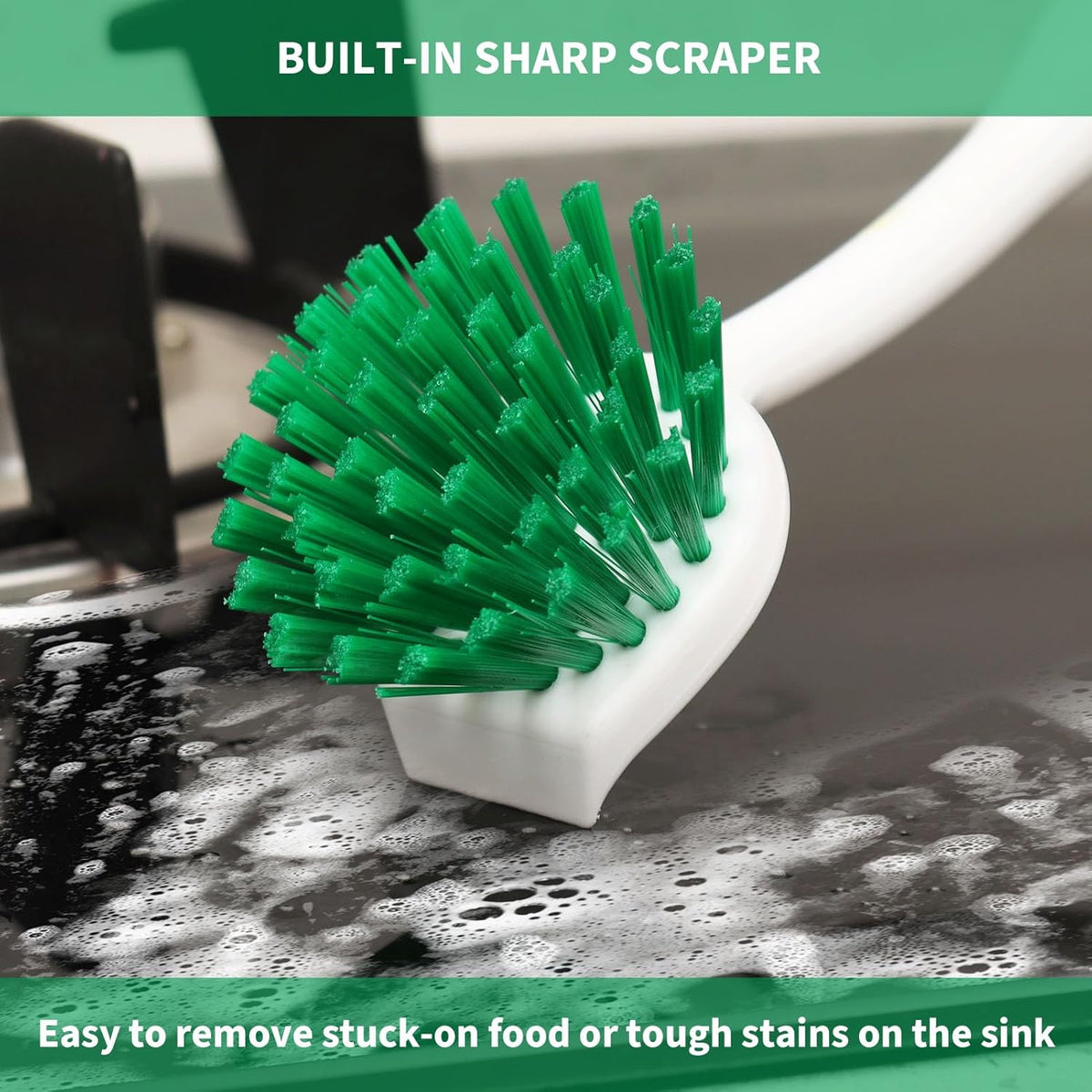 Dish Brush with Handle, 2 Pack Scrub Brushes with Built-in Scraper for Cleaning Kitchen, Pots, Pans