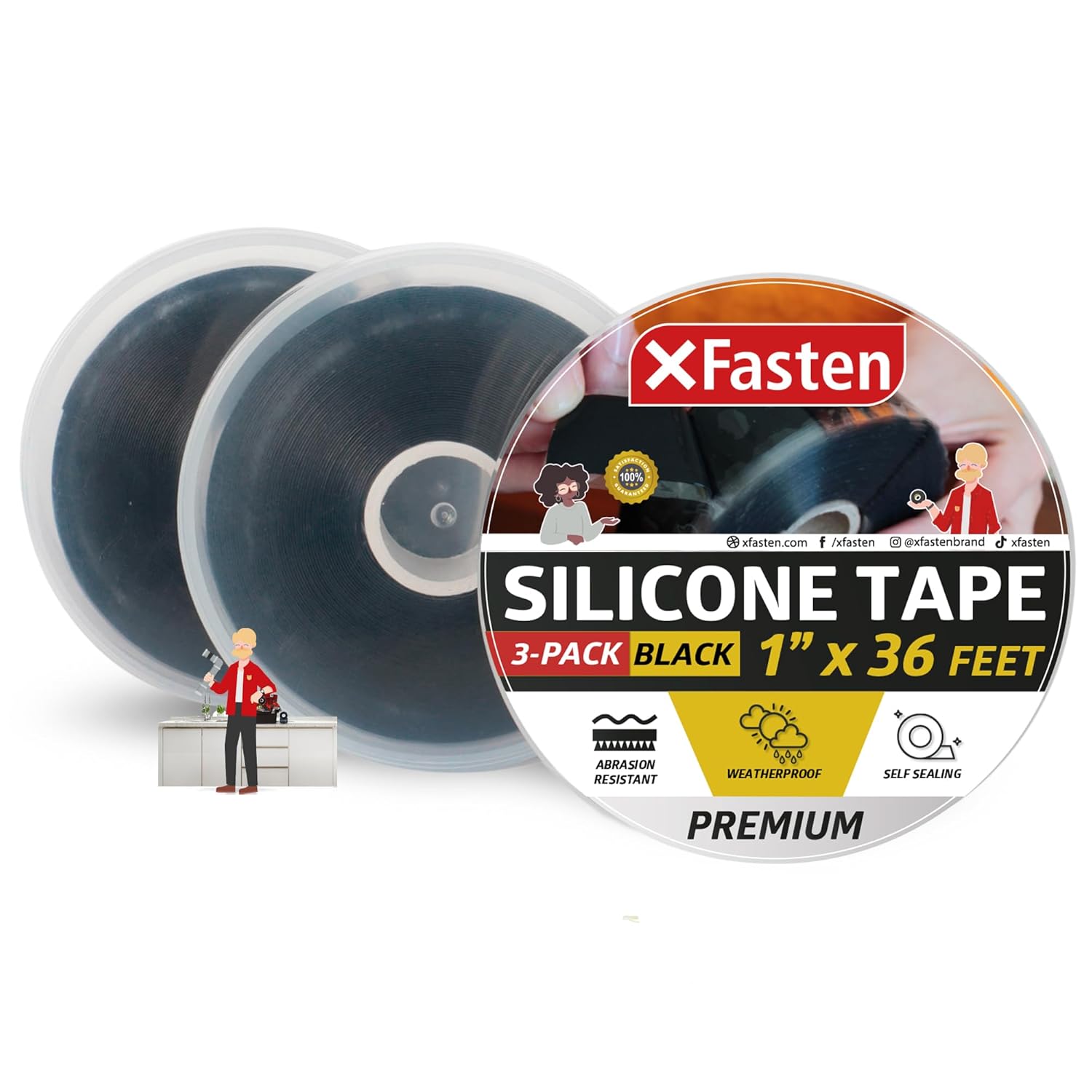 XFasten Self Fusing Silicone Tape Waterproof Black – 1" x 36 Feet (3-Pack 108ft), Self Amalgamating