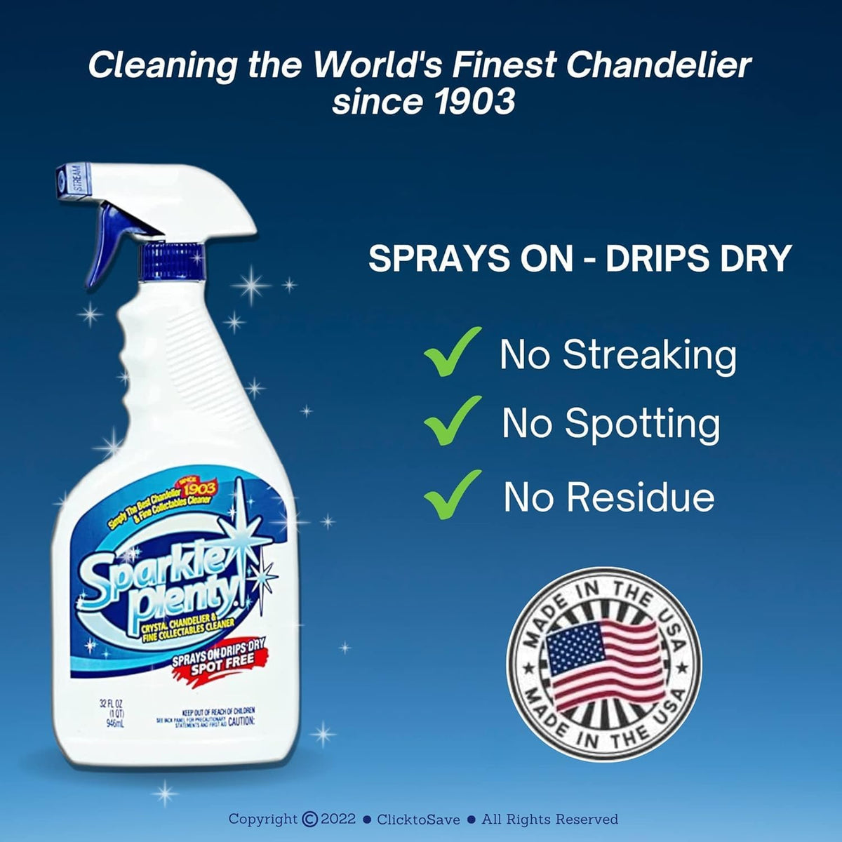 Sparkle Plenty Chandelier Cleaner Drip Dry Spray No Wipe - Dust Remover & Streak Free Glass Cleaner