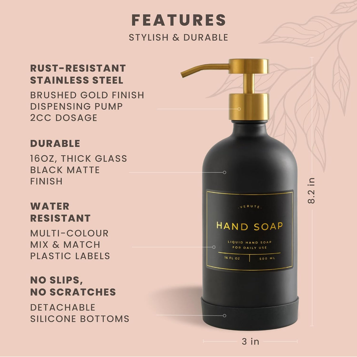 16oz Glass Soap Dispenser with Stainless Steel Pump, 21 Waterproof Labels, Non-Slip Protective