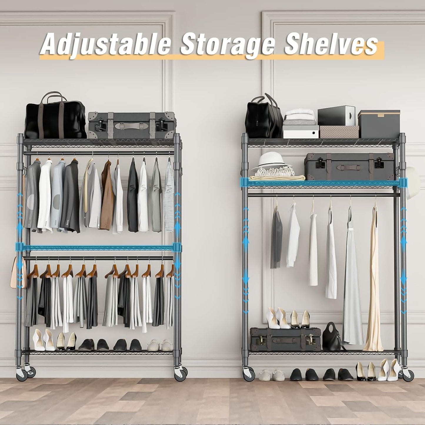 Homdox Rolling Clothes Rack Heavy Duty, 3-Tier Adjustable Wire Shelving Garment Organizer with