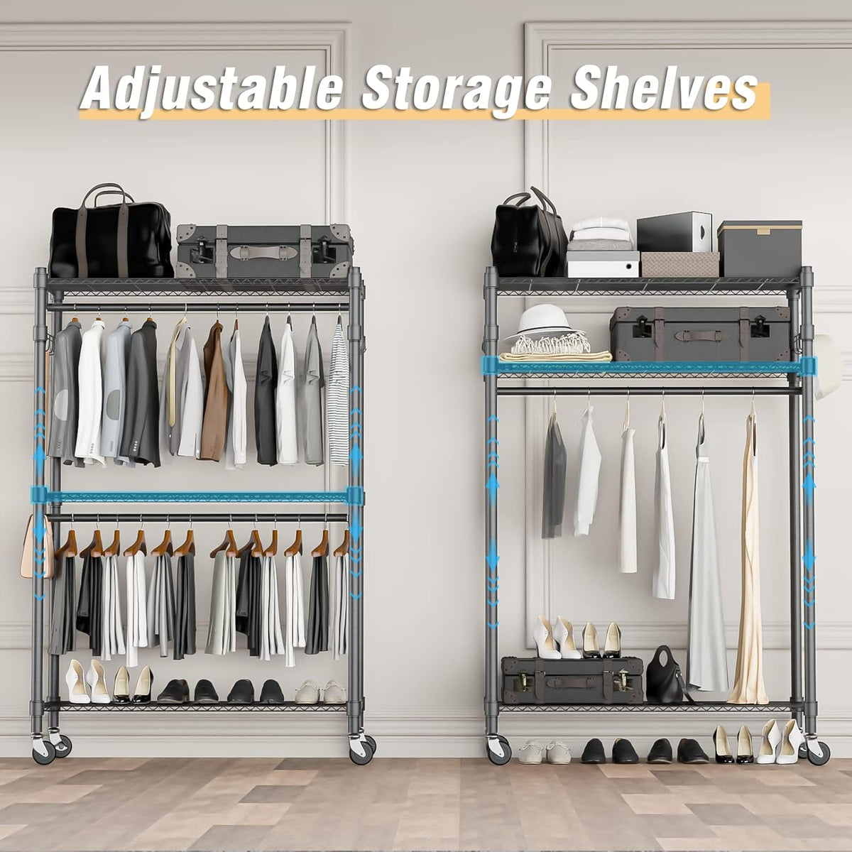 Homdox Rolling Clothes Rack Heavy Duty, 3-Tier Adjustable Wire Shelving Garment Organizer with