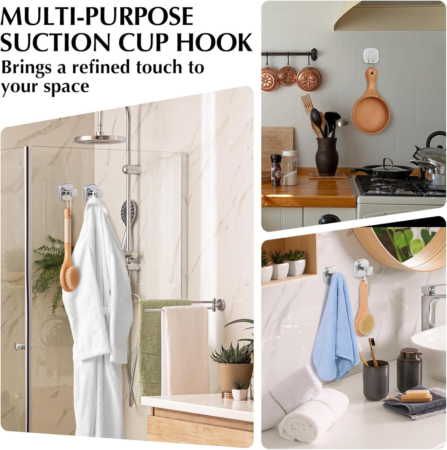 Suction Cup Hooks for Shower - Reusable No-Drill Mounting - Hooks for Towels, Robes & Loofah on