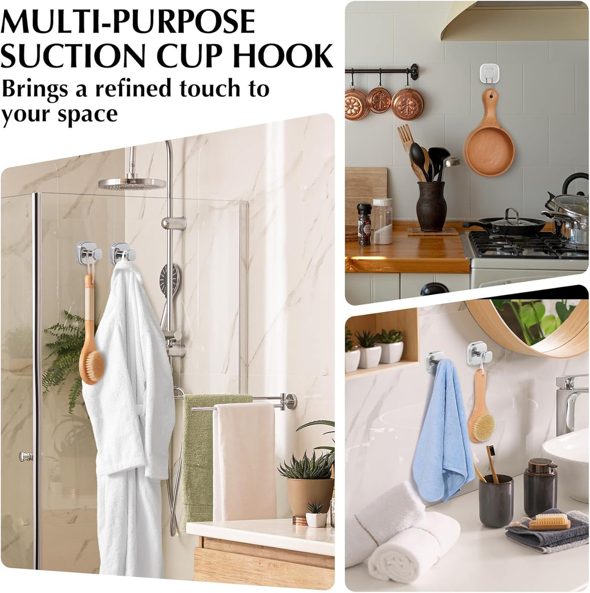 Suction Cup Hooks for Shower - Reusable No-Drill Mounting - Hooks for Towels, Robes & Loofah on