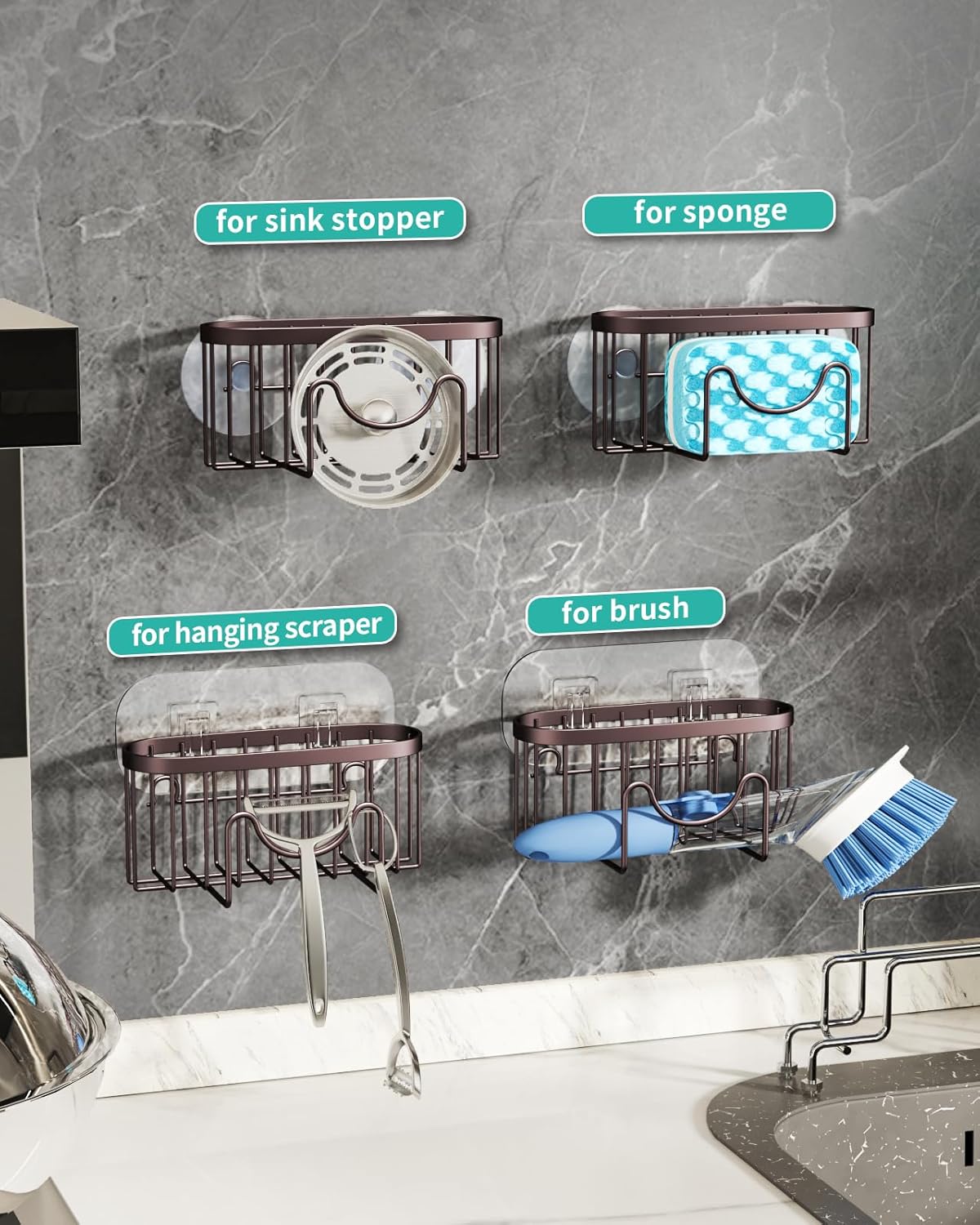 HapiRm Multifunctional Sponge Holder for Kitchen Sink with Unique M-Shaped, 2 Installation Methods