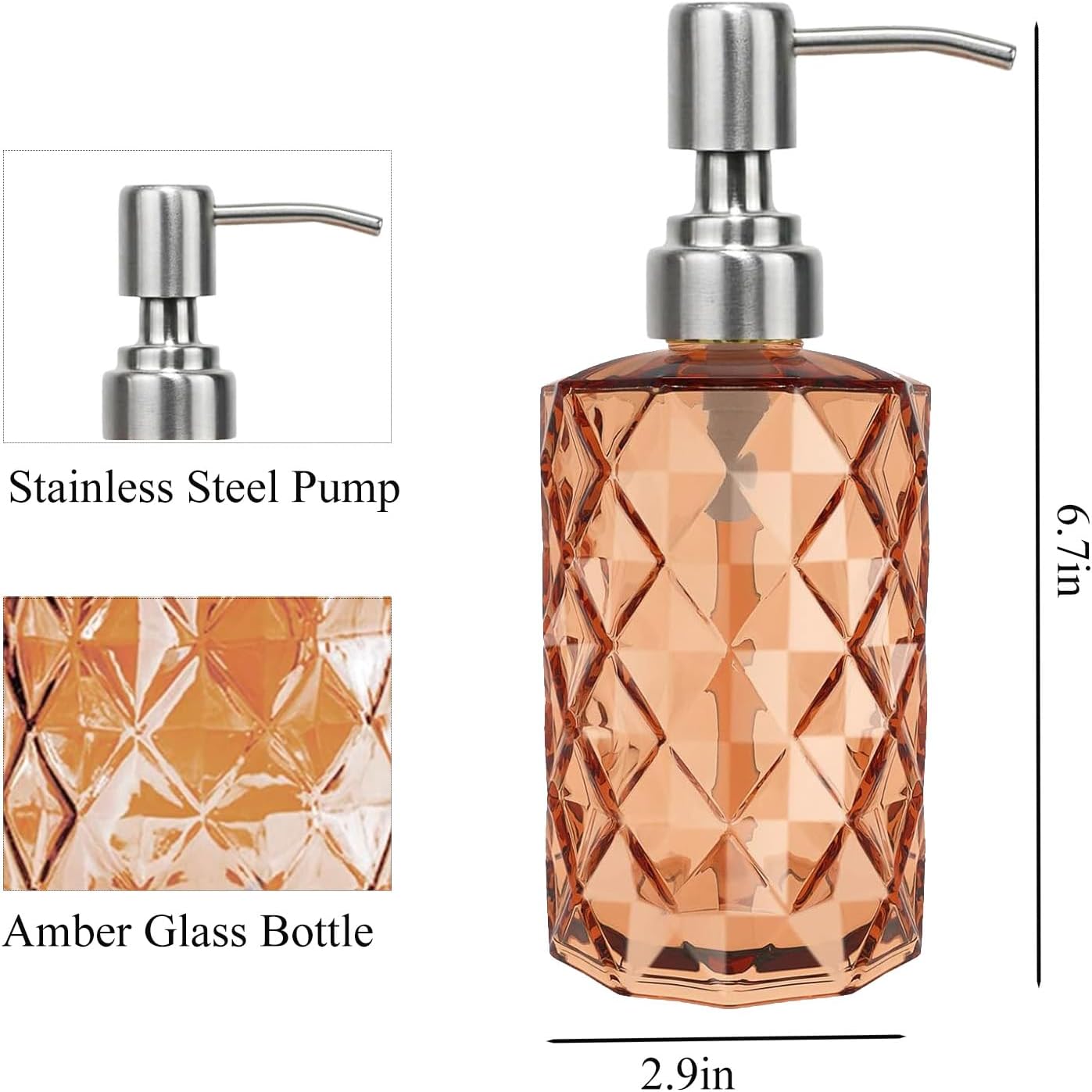 12Oz Amber Glass Soap Dispenser with Stainless Steel Pump, Refillable Kitchen Liquid Hand Soap