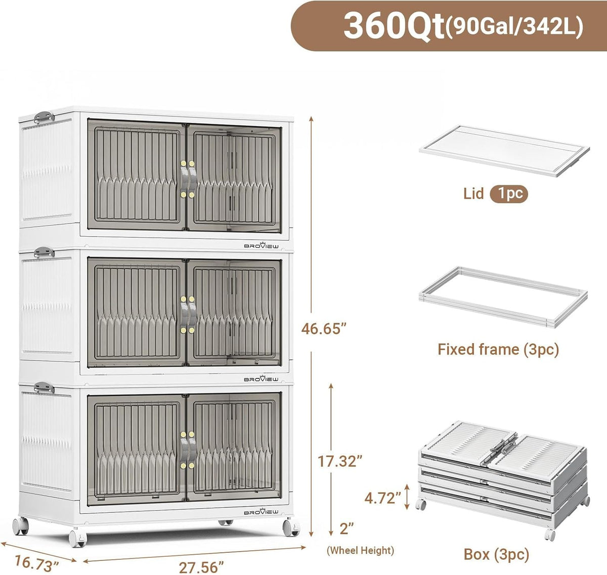 BROVIEW 360Qt Stackable Storage Bins with Lid, Extra Large Closet Organizer Collapsible Drawer
