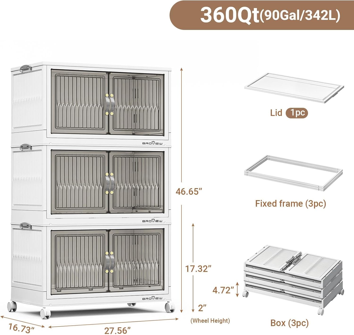 BROVIEW 360Qt Stackable Storage Bins with Lid, Extra Large Closet Organizer Collapsible Drawer