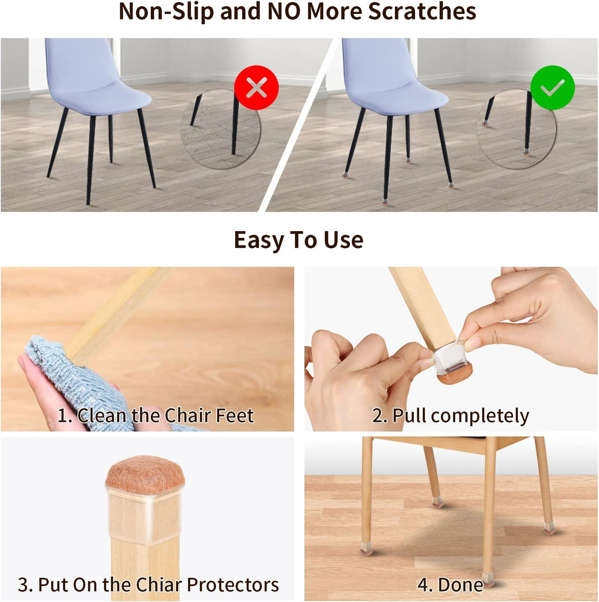 Ezprotekt 24 Pcs Small Clear Square Chair Leg Floor Protectors for Hardwood Floors, Silicone Felt