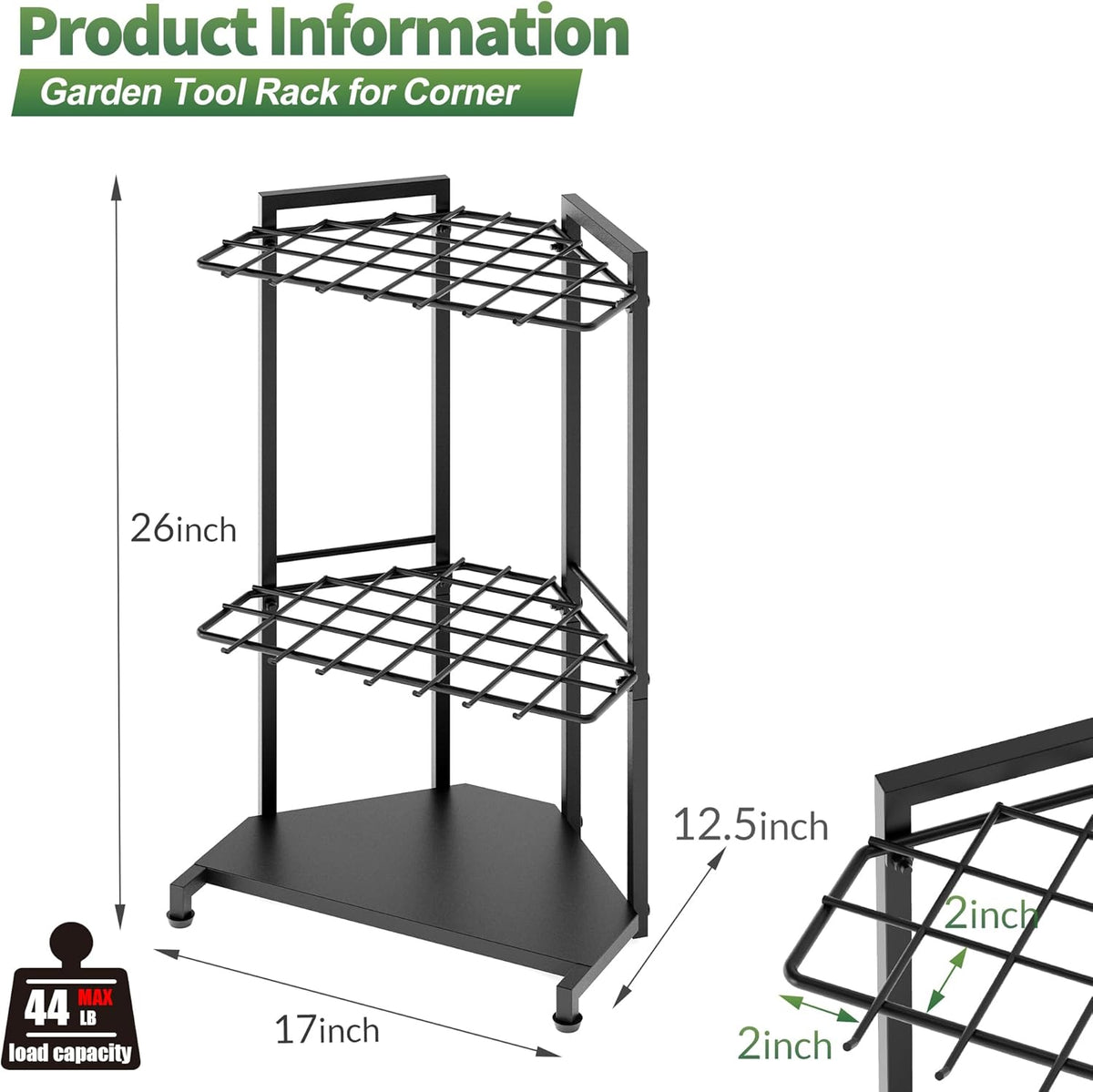 Garden Tool Organizer for Corner - Heavy Duty Metal Rack with 34 Storage Compartments & 14 Hooks