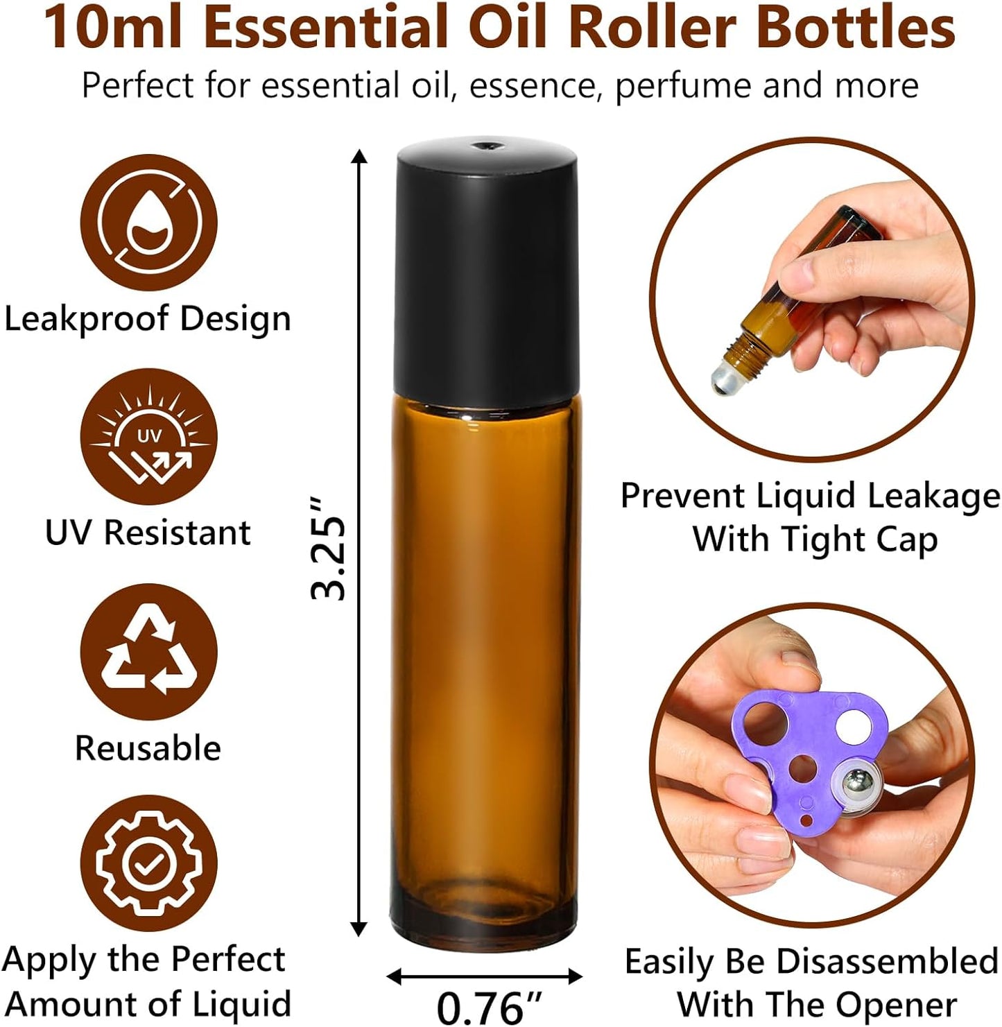 KEYWING 54 Pack Empty Essential Oil Roller Bottles – 10ml Amber Glass Roll-On Bottles with