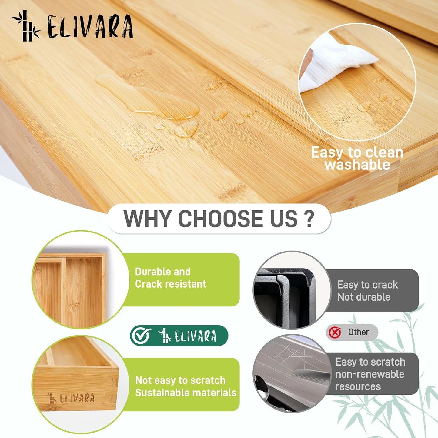 100% Bamboo Expandable Drawer Organizer - Adjustable Utensil and Cutlery Tray for Kitchen, Office