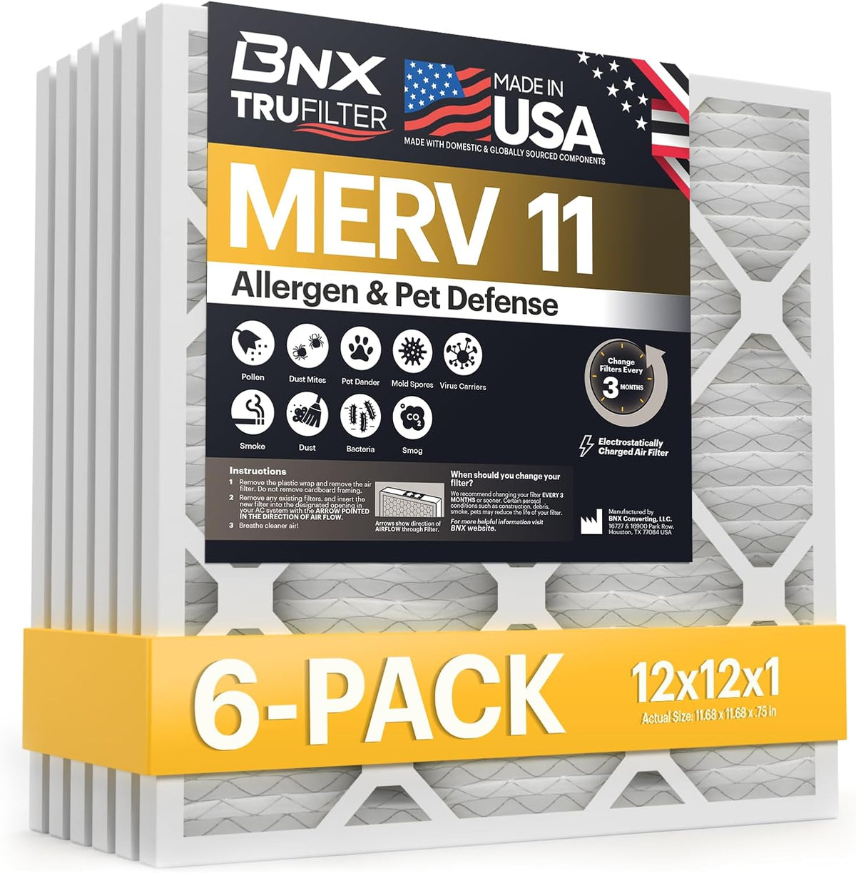 BNX TruFilter 12x12x1 Air Filter MERV 11 (6-Pack) - MADE IN USA - Allergen Defense Electrostatic