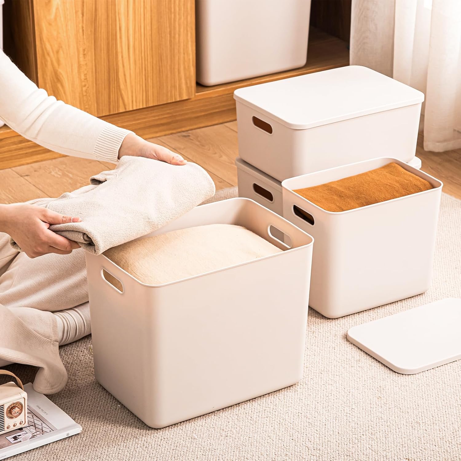 Plastic Storage Bins with lids,Storage Baskets,Container with handle,Storage Organizer Bins for