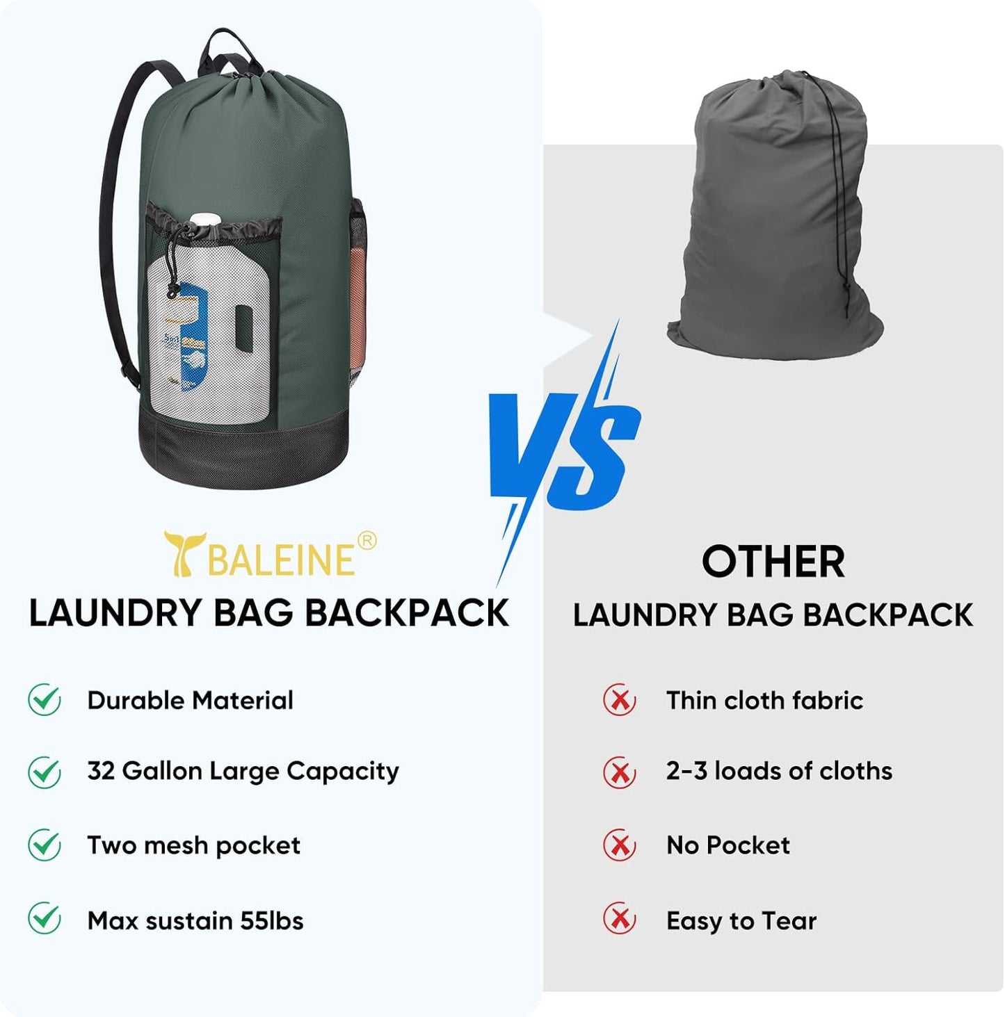 BALEINE 120L Laundry Bag Backpack, 900D Oxford Fabric Large Travel Laundry Bags with Shoulder