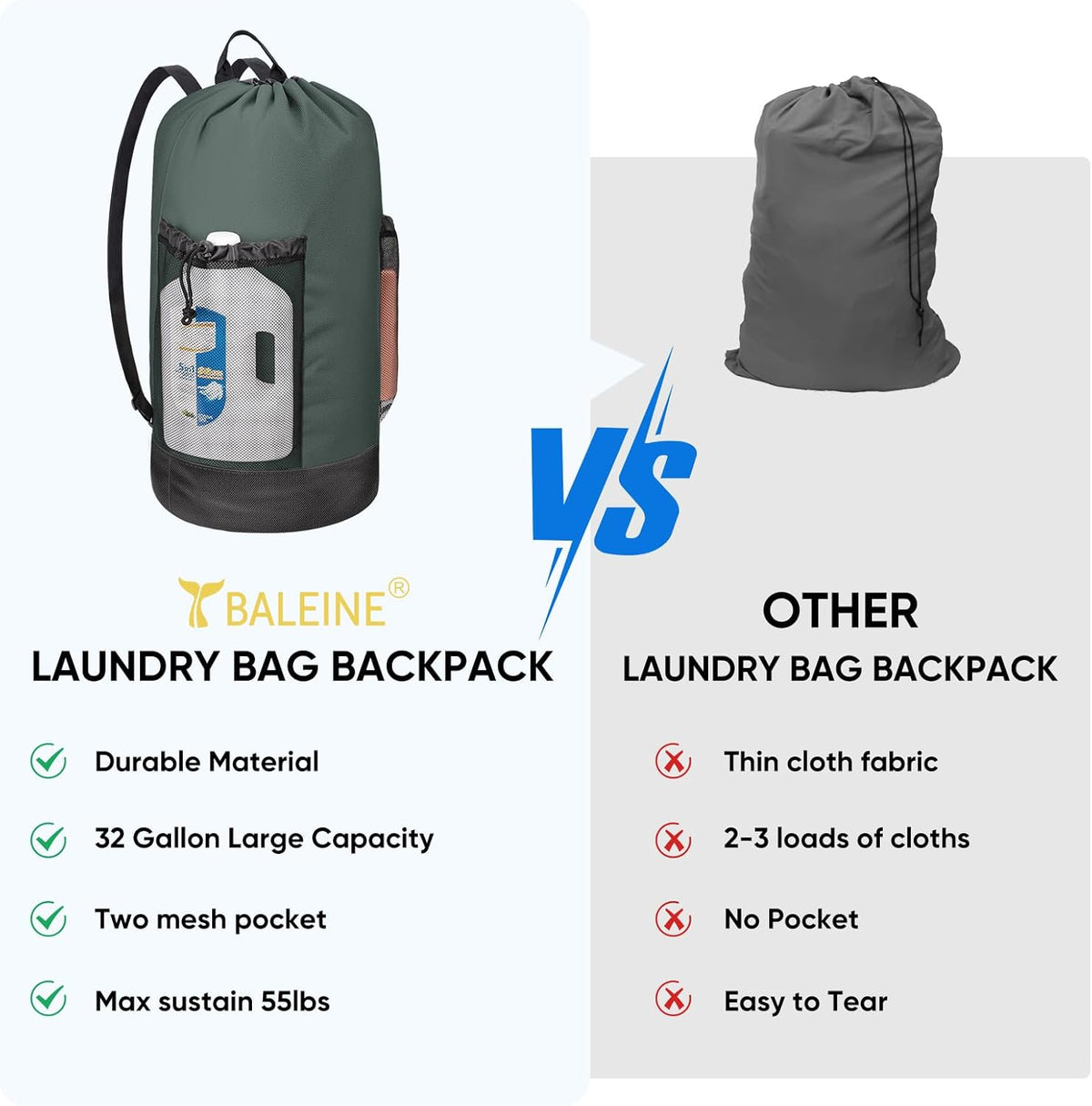 BALEINE 120L Laundry Bag Backpack, 900D Oxford Fabric Large Travel Laundry Bags with Shoulder