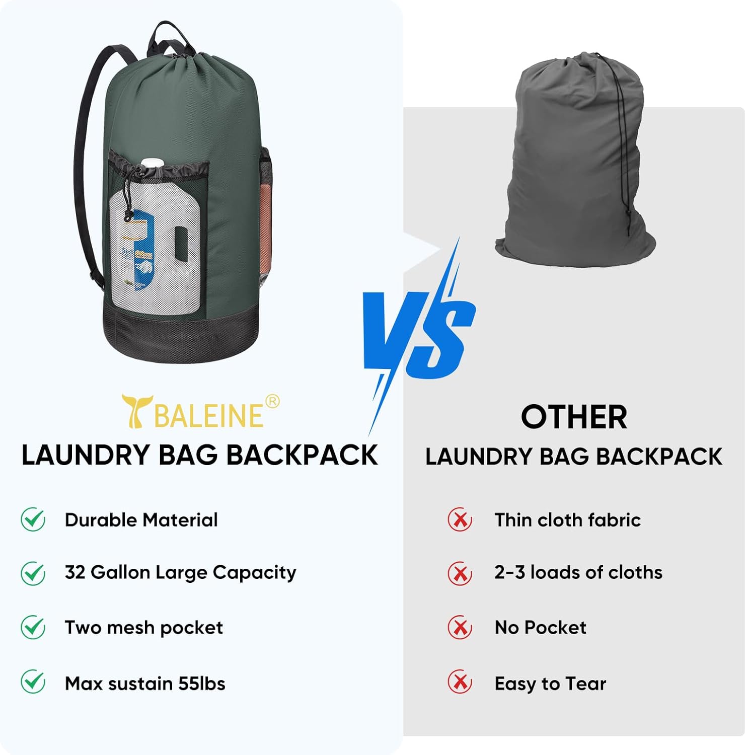 BALEINE 150L Laundry Bag Backpack, 900D Oxford Fabric Large Travel Laundry Bags with Shoulder